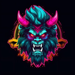 Colorful Troll Warrior Mascot Isolated on Black Background. Scary Monster Illustration for T-shirt Design