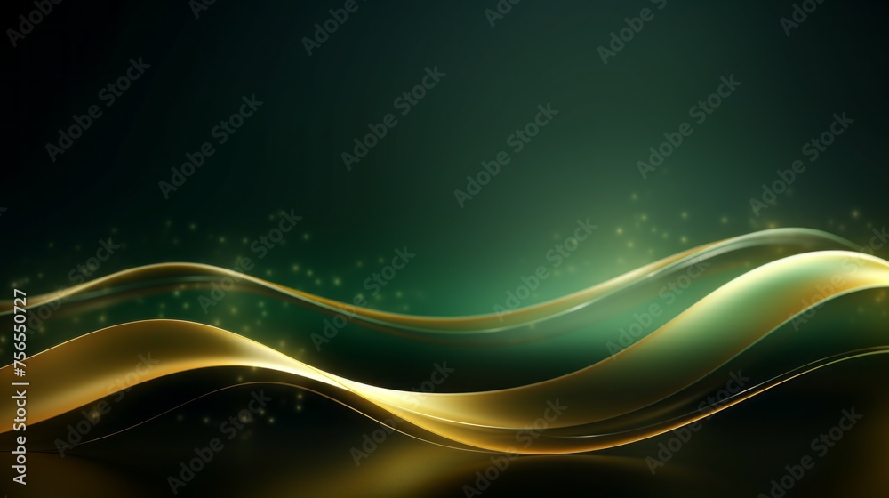 Poster horizontal abstract luxurious dark green background with golden curved smooth wavy lines, bokeh for 