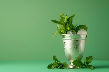 Mint Julep with fresh mint, isolated on a refreshing mint background, symbolizing the tradition and refreshment of the Kentucky Derby - obrazy, fototapety, plakaty