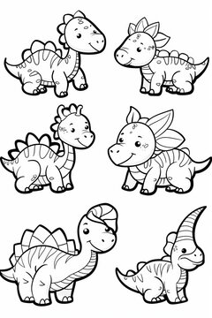 Collection set of out line child's coloring book cartoon dinosaurs of different species