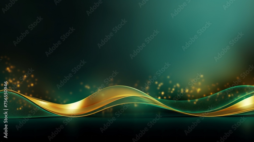 Sticker Horizontal Abstract Luxurious Dark Green background with golden curved smooth wavy lines, Bokeh for the presentation of your Products, Cosmetics Advertising, Layout for Text, Copy space.