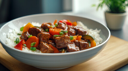 Hearty Beef Stir-Fry with Vegetables on Rice