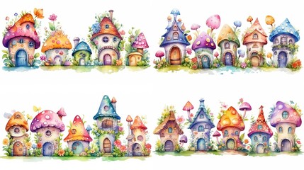 Naklejka premium Title watercolor style cartoon illustration of fable fairytale mushroom house village with blossom flower isolated on white background, collection set, Generative Ai