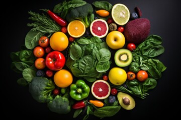 Obraz na płótnie Canvas Assortment of fresh fruits and vegetables, top view