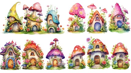 Title	
watercolor style cartoon illustration of fable fairytale mushroom house village with blossom flower isolated on white background, collection set, Generative Ai