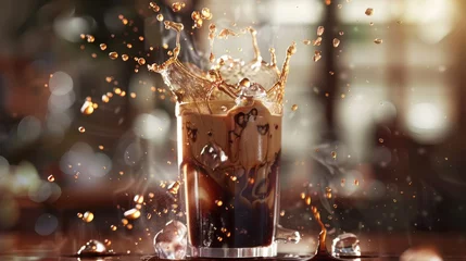 Küchenrückwand glas motiv Coffee splashing into glass with ice cubes on isolate background © Sumon