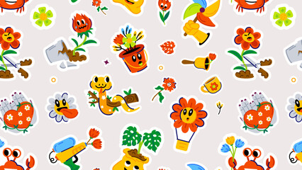 Seamless pattern showcasing spring vibes with cute crawlies, garden accessories and blooming flowers