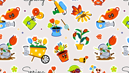 Seamless happy spring pattern designed with pleasant activities, and gardening accessories 