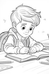 Happy child with pencils reading book cartoon illustration