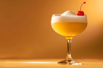 Whiskey Sour with a maraschino cherry, isolated on a warm whiskey background, showcasing classic taste and refinement - obrazy, fototapety, plakaty