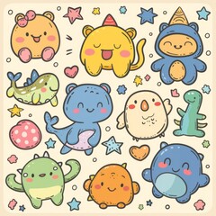 Set of Hand drawn animals kawaii illustration seamless Cartoon Animal Pattern:  Fun Vector Illustration for Kids featuring Cute Cats, Dogs, Bears, Lions, and more 