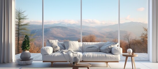 Stylish room with white sofa and scenic view from window. Scandinavian decor concept.