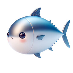 Fototapeta premium A cartoonish fish with a smile on its face. The fish is silver and has a blue tail