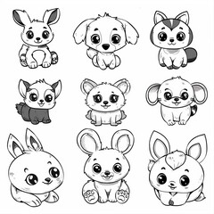 Collection of out line child's coloring book cartoon animals: dog, cat, rabbit, pig, bear, panda, cow, bird, tiger,lion and more