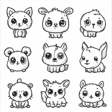 Collection of out line child's coloring book cartoon animals: dog, cat, rabbit, pig, bear, panda, cow, bird, tiger,lion and more