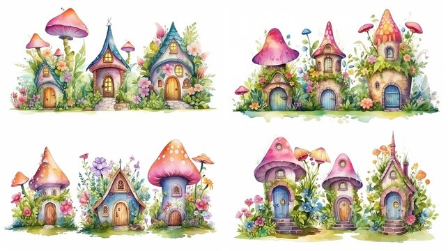 Title	
watercolor style cartoon illustration of fable fairytale mushroom house village with blossom flower isolated on white background, collection set, Generative Ai