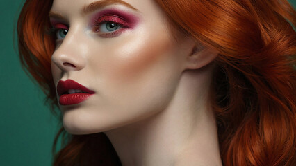 Fototapeta premium Beautiful red hair female eyes with long eyelashes eyeliner Eyelash extension Makeup cosmetics beauty Close up macro Beautiful woman face make-up master blush on cheeks beauty model girl portrait of a