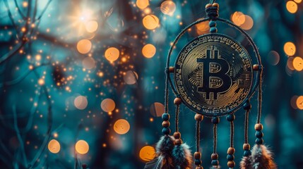 A Bitcoin medallion hangs within a traditional dreamcatcher against a backdrop of warm, golden bokeh lights.