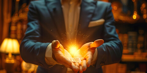 Man businessman holding hands over the magic sphere with a horoscope to predict the future. The concept of astrology as a business - obrazy, fototapety, plakaty