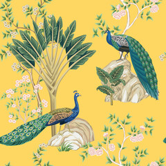 Vintage botanical garden floral tree, palm tree, peacock, plant, flower seamless pattern yellow background. Exotic chinoiserie wallpaper.