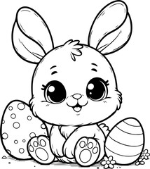 Un lapin de pâques avec oeufs  à colorier, dessin idéal pour livre coloriage enfant pendant les...