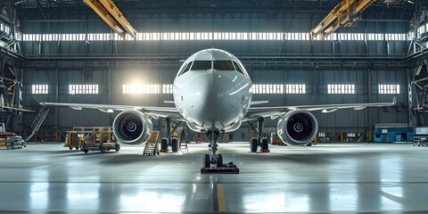 Aircraft being serviced in a hangar undergoing engine maintenance and repairs. Concept Aircraft Maintenance, Hangar, Engine Repairs, Aviation Technology, Service Operations
