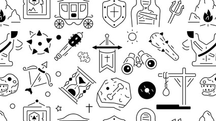 Ancient history pattern depicting various medieval civilization and antique art pieces 