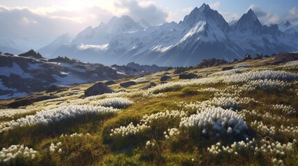 Beautiful alpine meadow with wild flowers in mountains at sunset