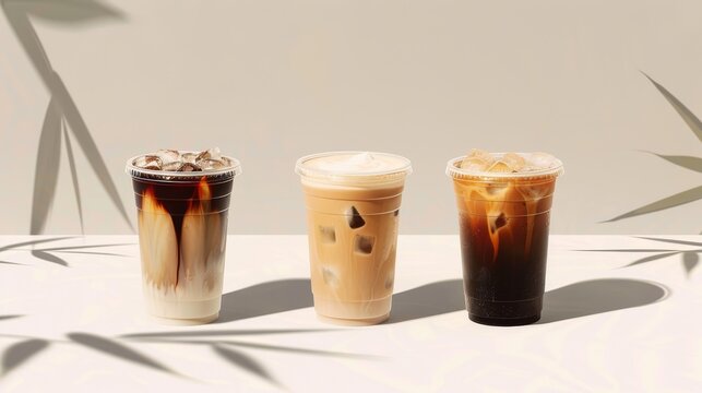 Iced coffee in plastic cups on white background with shadow of palm leaf.