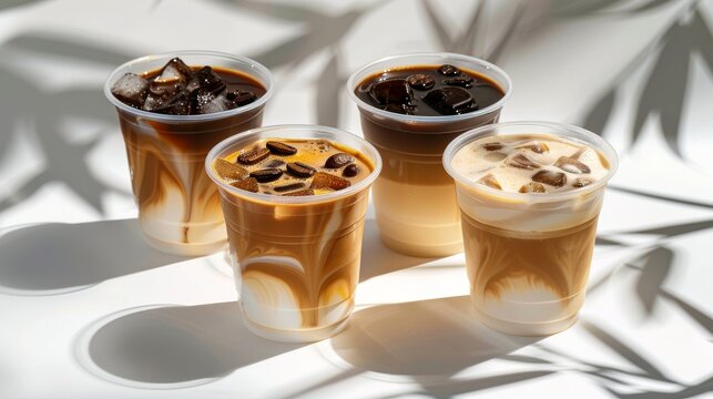 Iced coffee in plastic cups on white background with shadow of palm leaf.