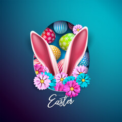 Happy Easter Holiday Design with Flower, Colorful Painted Egg and Rabbit Ears on Blue Background. Vector Illustration of International Religious Celebration with Typography for Greeting Card or Banner