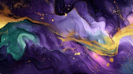 Naklejka premium Abstract background with paint splashes and golden lines. Purple colored.