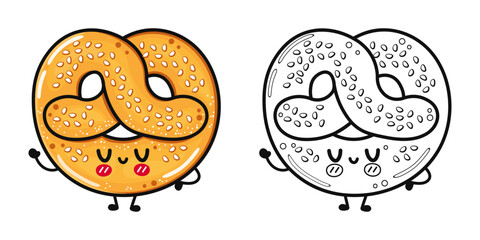 Funny cute happy French pretzel characters bundle set. Vector hand drawn cartoon kawaii character illustration icon. Cute French pretzel. Outline cartoon illustration for coloring book