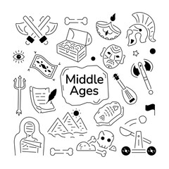 A linear style vector showing numerous historical artefacts, relics, and antiques pieces 