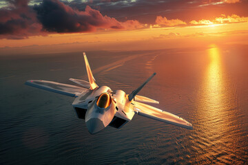 flying over the ocean at sunset jet fighter F35 with great speed. new technologies of military combat aviation concept - obrazy, fototapety, plakaty