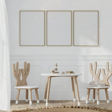 Frame mockup in cozy kids room interior with toys