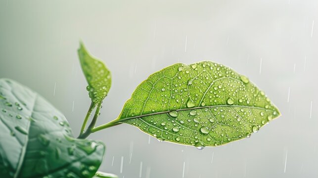 A single bright green leaf with a pattern of raindrops against a serene