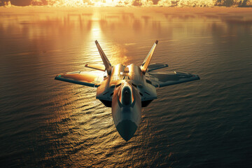 flying over the ocean at sunset jet fighter F35 with great speed. new technologies of military combat aviation concept