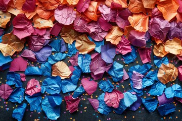 Fototapeta na wymiar A multitude of colorful confetti pieces scattered randomly on a dark background, creating a festive and fun atmosphere