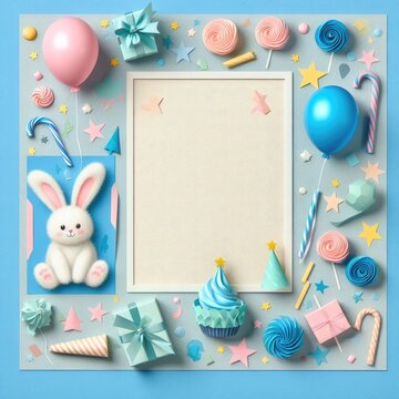 Birthday Photo frame based on cap, balloons, flowers, stars, circles, bunny, cup cake, gift