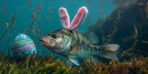 Fish underwater, humorously adorned with a pair of bunny ears and an Easter egg. Generative AI image.