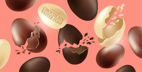 Various Easter chocolate treat eggs in white, dark and milk chocolate with some broken open. Vector illustration.