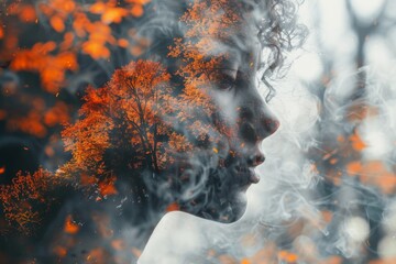 An artistic double exposure image blending a woman's profile with autumnal trees, conveying a sense of change and transition