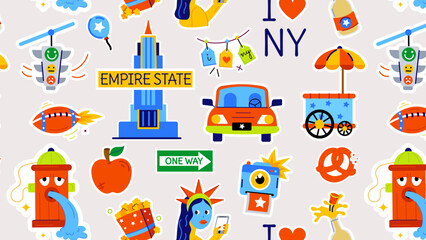 A flat seamless pattern showcasing new york culture, local food, city travel, and famous monuments