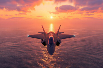 flying over the ocean at sunset jet fighter F22 with great speed. new technologies of military combat aviation concept