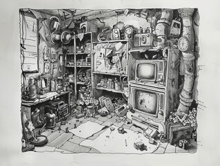 artistic black and white sketch of a cluttered inventor's workshop