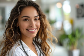 A cheerful female professional with curly hair proudly stands in her clinic, exuding confidence