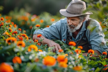 A dedicated gardener is captured caring for vibrant flowers in a sunlit, blooming garden with attention and passion - obrazy, fototapety, plakaty