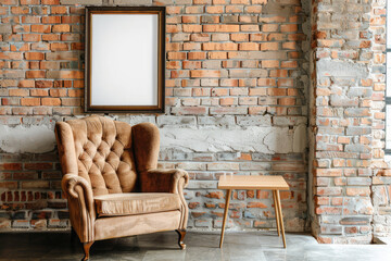 armchair next to brick wall and empty poster frame with copy space