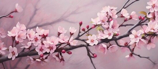 Fototapeta premium A closeup shot capturing the delicate pink flowers of a cherry blossom tree branch, showcasing the beauty of natures flowering plant